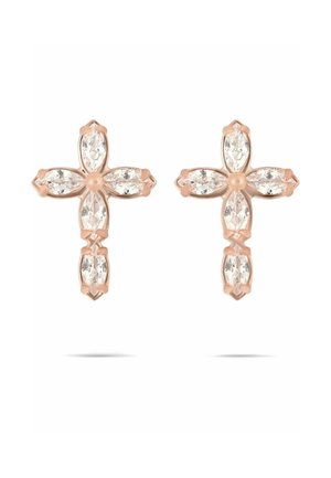 Roségoldene, kreuzförmige Ohrringe mit jeweils sechs klaren, markisenförmig geschliffenen Edelsteinen vor weißem Hintergrund.