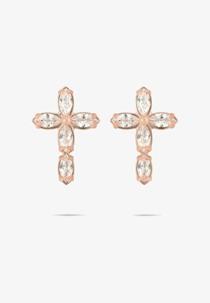 Rosaguldsfarvede korsformede øreringe med seks klare marquise-slebne ædelsten på hver ørering mod en hvid baggrund.