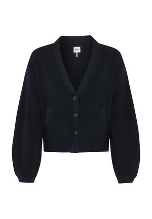 Sort kort cardigan med V-hals, tre knapper foran, lange ærmer og to sidelommer.