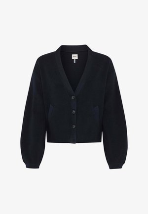 Schwarze, kurz geschnittene Strickjacke mit V-Ausschnitt, drei Knöpfen vorne, langen Ärmeln und zwei seitlichen Taschen.