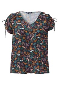 Blusa negra de manga corta con escote en V y mangas ajustables con lazo, que presenta un estampado floral en todo el tejido en colores verde, naranja, rosa y azul verdoso.