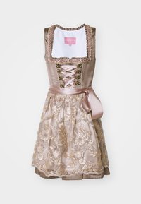 Robe traditionnelle dirndl marron clair avec tablier brodé de motifs floraux, corsage lacé en ruban de satin rose et ceinture assortie à la taille.