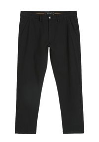 Czarne spodnie wykonane z gładkiego materiału, z przednimi kieszeniami, zapięciem na guzik i zamek błyskawiczny oraz dopasowanym krojem z prostymi nogawkami.