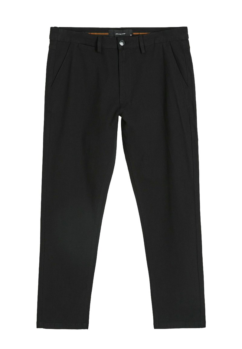 Czarne spodnie wykonane z gładkiego materiału, z przednimi kieszeniami, zapięciem na guzik i zamek błyskawiczny oraz dopasowanym krojem z prostymi nogawkami.