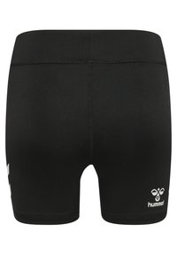 Shorts de compression athlétiques noirs avec logo blanc Hummel sur la partie inférieure de la jambe droite et coutures cousues au centre arrière et à la ceinture.