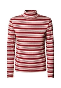 Rood en witte gestreepte langemouwen turtleneck top met geribbelde textuur. Heeft een aangesloten silhouet en subtiele logo detail op de borst.
