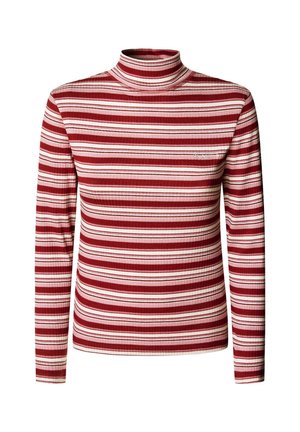 Rood en witte gestreepte langemouwen turtleneck top met geribbelde textuur. Heeft een aangesloten silhouet en subtiele logo detail op de borst.