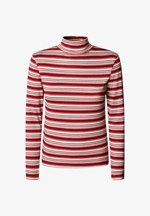Rot- und weiß gestreiftes Langarm-Turtleneck-Oberteil mit geripptem Textur. Hat eine schmal geschnittene Silhouette und ein dezentes Logo-Detail auf der Brust.