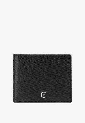 Schwarze, strukturierte Leder-Bifold-Brieftasche mit einem kleinen silbernen "CR"-Logo in der unteren rechten Ecke vorne.