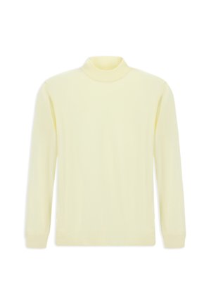 Maglione giallo a collo medio realizzato in tessuto morbido. Presenta maniche lunghe e polsini e orlo a costine, con una texture liscia.
