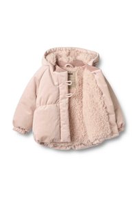 Jasnoróżowa kurtka z sztruksu z kapturem, miękką podszewką, zapięciami na zatrzaski i kieszenią z przodu, z gromadzonymi mankietami i puszystą teksturą.