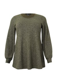 Langärmliger, olivgrüner Pullover mit rundem Halsausschnitt. Strukturierter Strickstoff mit einem leichten Schimmer. Mit gerafften Ärmeln und lässiger Passform.
