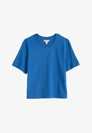 Modrá krátkypseu T-shirt s okrúhlym výstrihom, vyrobená z ľahkého materiálu, s jemnou textúrou a jednoduchým, neozdobeným dizajnom.