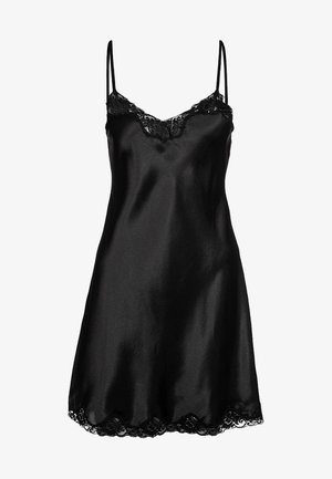 Black satin slip dress with thin adjustable straps, lace trim at neckline and hem, smooth texture, and knee-length design.