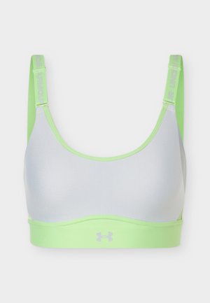 Svetlosivá a neónovo zelená športová podprsenka s nastaviteľnými ramienkami a logom Under Armour na prednom stredovom páse.