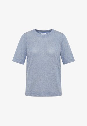 T-shirt à manches courtes bleu clair avec un col rond, fabriqué dans un tissu texturé présentant un léger éclat. Design simple, sans motifs ni accents.