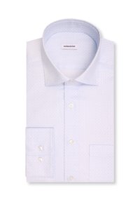 Chemise habillée pour homme bleu clair avec un motif géométrique subtil, col large, patte de boutonnage devant et poignets boutonnés, soigneusement pliée.
