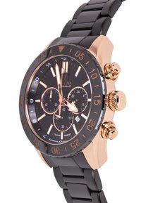 Montre en céramique noire avec un boîtier en acier inoxydable à tonalité or rose. Comprend un cadran rond, des sous-cadrans chronographes et des marquages audacieux. Verre saphir.