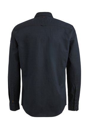 Langärmliges Hemd aus dunkelblauem Stoff mit einem Button-Down-Kragen, Rückenpasse und Knopfmanschetten mit subtiler Textur.