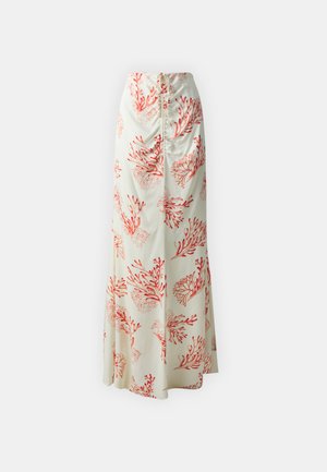 Krém színű virágmintás maxi szoknya piros korall mintákkal. Összegyűrt derékrésszel és lebegő szabással rendelkezik, könnyű anyagból készült.