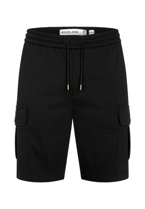 Czarne, casualowe szorty cargo z regulowanym paskiem ściągającym w talii i bocznymi kieszeniami zapinanymi na klapy, rozmiar średni, marki Indicode Jeans.