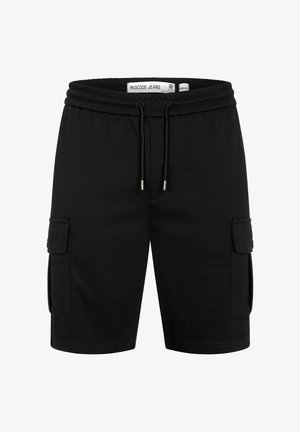 Czarne, casualowe szorty cargo z regulowanym paskiem ściągającym w talii i bocznymi kieszeniami zapinanymi na klapy, rozmiar średni, marki Indicode Jeans.