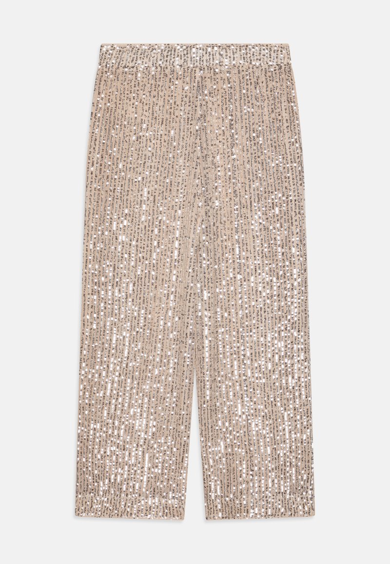 Pantalons taille haute de couleur beige clair recouverts de lignes verticales de sequins argentés. Texture lisse avec un design à jambes larges et une taille �élastique.