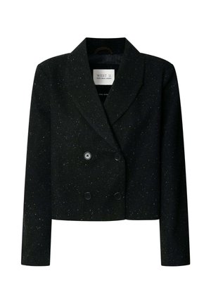 Zwarte, cropped, double-breasted blazer met notched revers en subtiele witte spikkels, lange mouwen en knopen aan de voorkant.