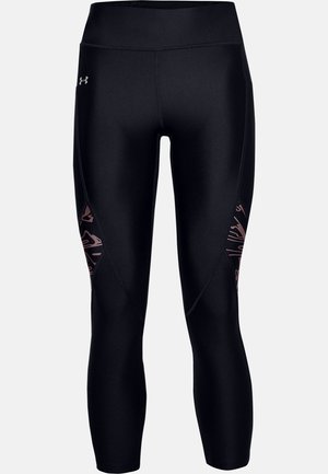 Leggings de sport noirs avec une taille haute, présentant des motifs subtils sur les panneaux latéraux et un petit logo réfléchissant près de la hanche.