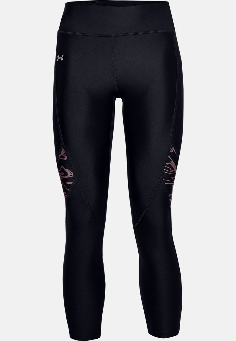 Leggings de sport noirs avec une taille haute, présentant des motifs subtils sur les panneaux latéraux et un petit logo réfléchissant près de la hanche.