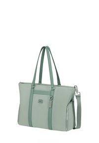 Mint green tote bag with dual top handles and a detachable shoulder strap. Features zipper closure, side pocket, and textured fabric.
