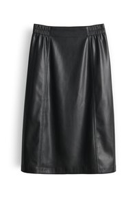 Jupe en cuir noir avec une taille élastique, des lignes épurées, une texture lisse et une coupe au genou. Aucun élément métallique ni motif visible.