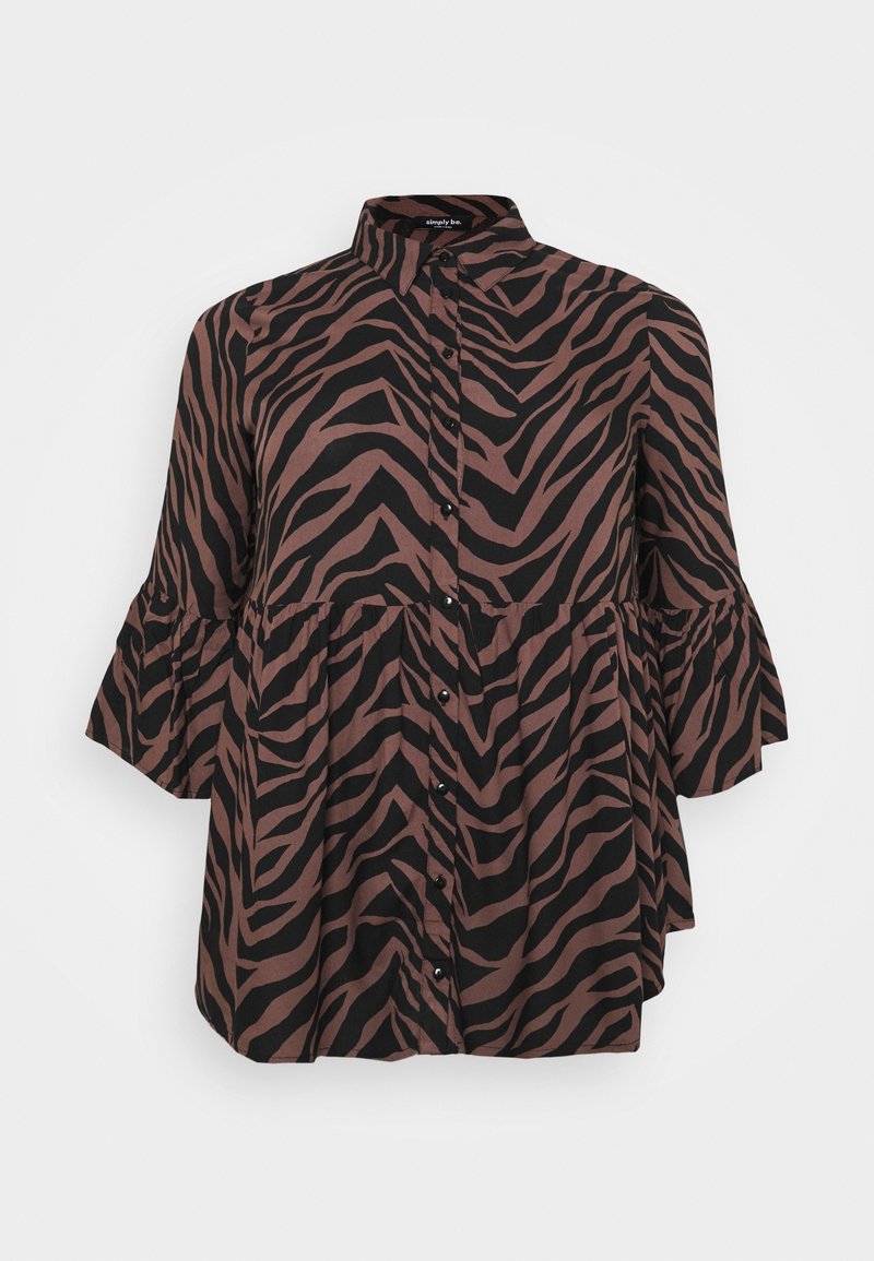 Blouse boutonnée avec rayures zèbre noires et marron, manches larges trois-quarts et col haut.