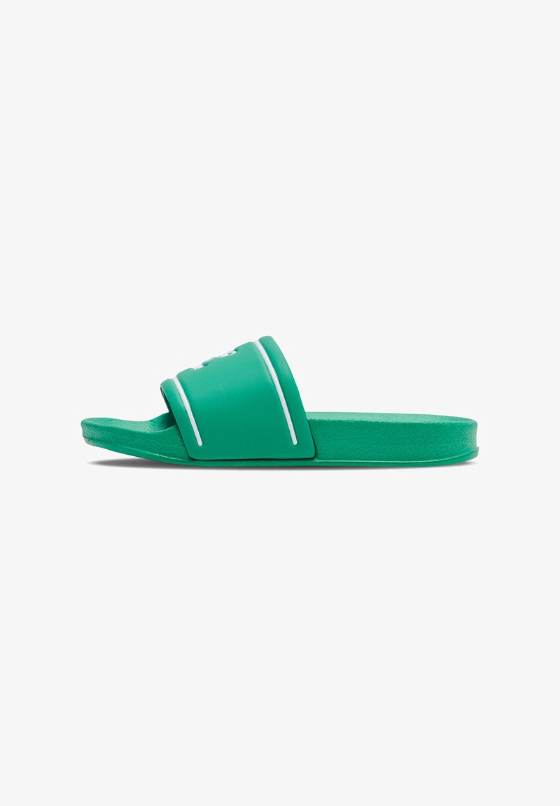 Green slide sandal with a wide strap, textured surface, and white accent lines. Flat sole design, made from lightweight rubber material.