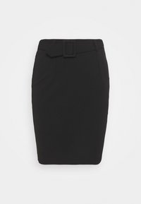 Černá tužková sukně vyrobená z hladkého materiálu. Má široký pas s obdélníkovou sponou. Elegantní, přiléhavý střih.
