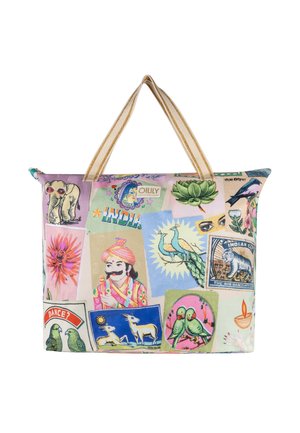 Tas met collage van Indiaas-geïnspireerde illustraties, waaronder een man in traditionele kleding, pauwen, olifanten, vogels, bloemen en een lotus.