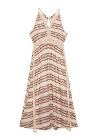 Vestido sin mangas color crema con un patrón de zigzag en rojo, azul y marrón. Presenta un escote en V y una cintura con cordón ajustable. Su longitud llega hasta la mitad de la pantorrilla.