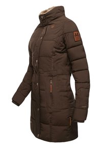 Brown insulated coat with a fur-lined collar, quilted texture, snap buttons, and zippered side pockets. Features logo patch on the sleeve.