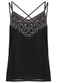 Top canotta nera con spalline sottili regolabili, caratterizzato da un intricato ricamo bianco e argento sul davanti in un design a V. Texture liscia.
