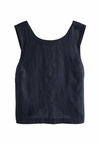 Top senza maniche di colore blu scuro, forma rettangolare, realizzato in tessuto di lino con una texture liscia. Presenta un ampio scollo a barco e cuciture minime.