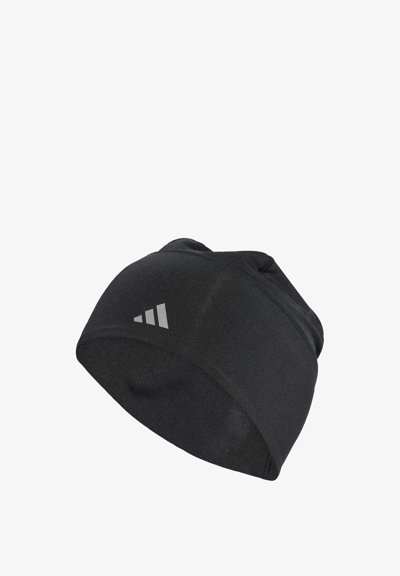Black athletic headband made of stretchy fabric. Features a smooth texture and a silver logo with three stripes on the front side.