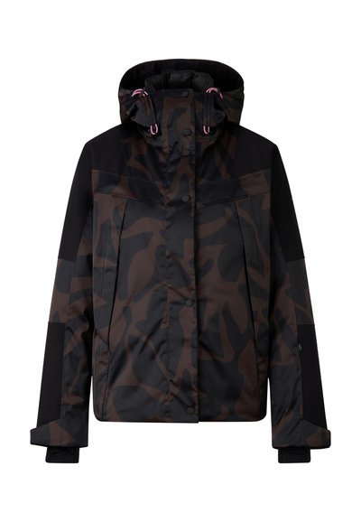 Schwarze und braune Jacke mit Tarnmuster, Kapuze, Druckknöpfen und kontrastierenden schwarzen Ärmeln. Hergestellt aus wasserabweisendem Material, mit Textur.