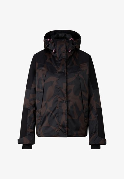 Schwarze und braune Jacke mit Tarnmuster, Kapuze, Druckknöpfen und kontrastierenden schwarzen Ärmeln. Hergestellt aus wasserabweisendem Material, mit Textur.