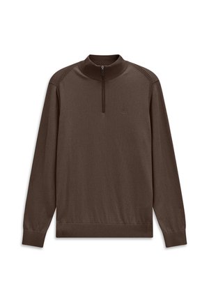 Brauner Langarm-Pullover mit kurzem Reißverschluss am Hals und gerippten Bündchen und Saum, dargestellt auf weißem Hintergrund.