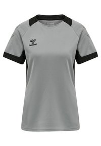 Harmaa urheilupaita mustilla yksityiskohdilla, kosteutta siirtävää kangasta. Ominaisuudet: pyöreä kaula-aukko, lyhyet hihat ja verkkokuviot olkapäillä.