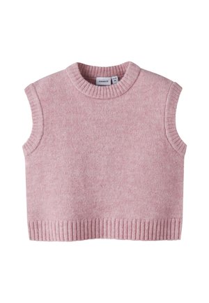 Gilet sans manches en maille rose avec encolure, emmanchures et ourlet côtelés, posé à plat sur un fond blanc.