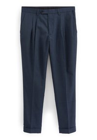 Men's tailored navy blue dress pants with front pleats, side pockets, belt loops, button closure, and cuffed hems.