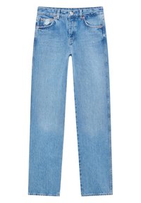 Jeans in denim blu chiaro con design a gamba dritta, dotati di cinque tasche, bottone e rivetti metallici, e una leggera scoloritura per texture.