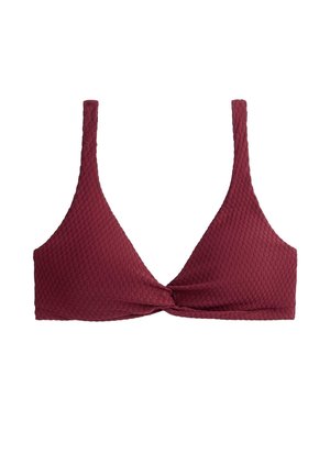Vrchný diel bikiniek z bordovej textúrovanej látky s širokými ramienkami a detailom uzla uprostred prednej časti.