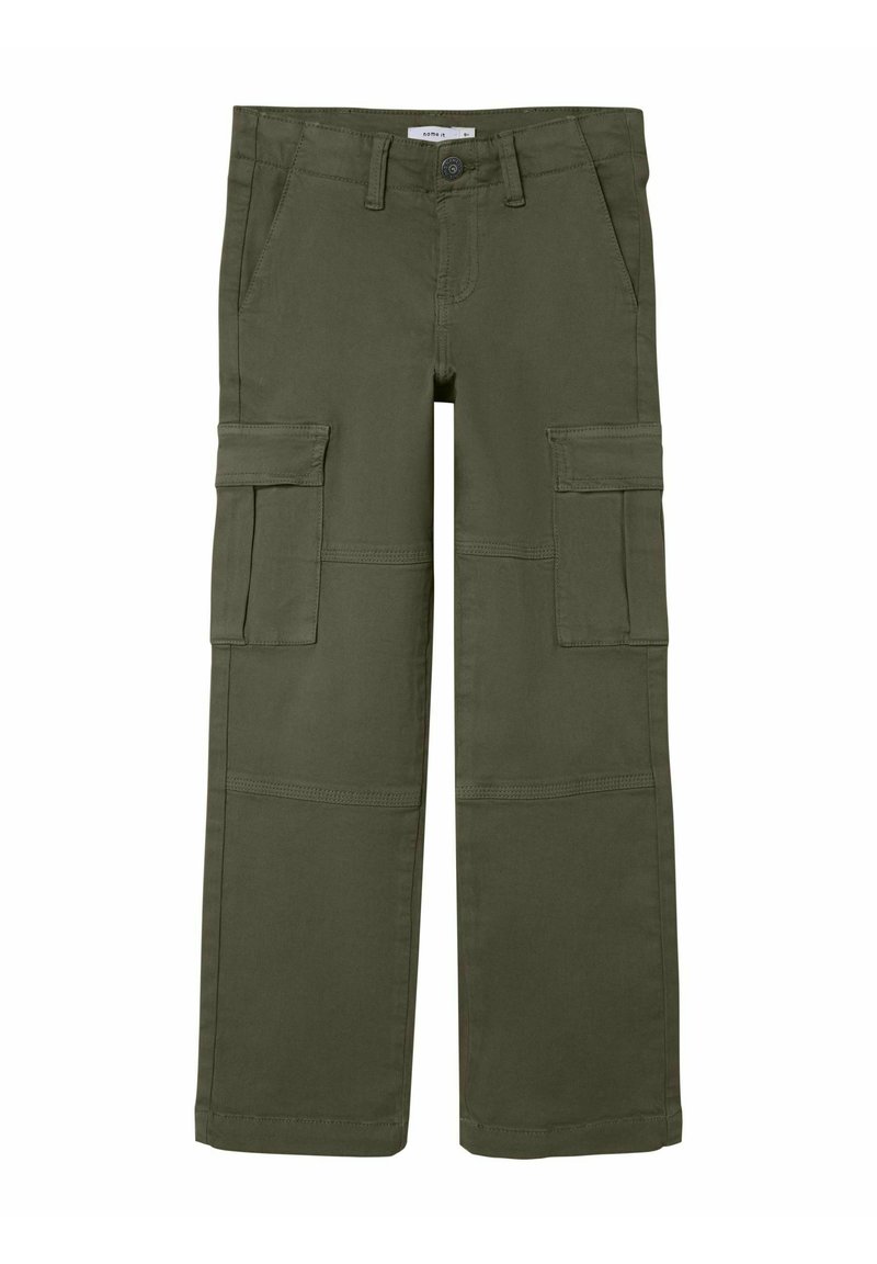 Cargo-Hosen aus olivgrünem Baumwollstoff, mit mehreren Seitentaschen, geradem Bein und verstärkten Nähdetails.